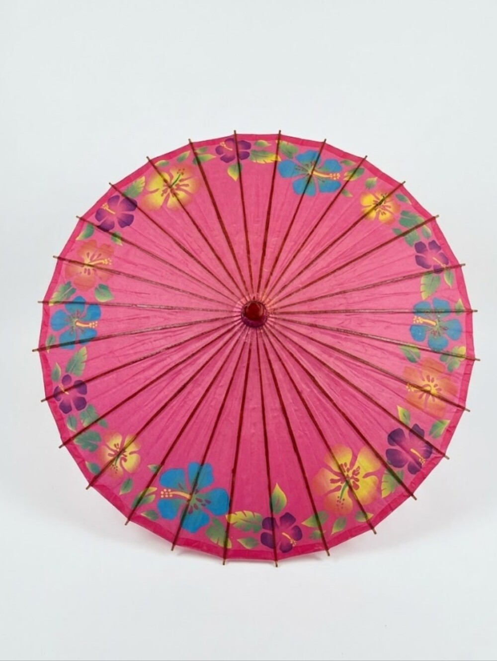 Vintage Y2K Hand-painted Pink Hibiscus Bamboo Rice Paper Parasol
